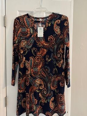 Women's Paisley Long-Sleeve Dress - Navy with Orange & Teal by Paisley Grace